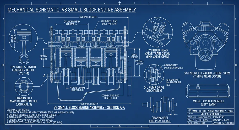 A blueprint-style engineering drawing of an engine assembly