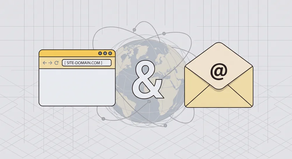 A browser window showing a domain name, an ampersand, and an envelope with an at sign