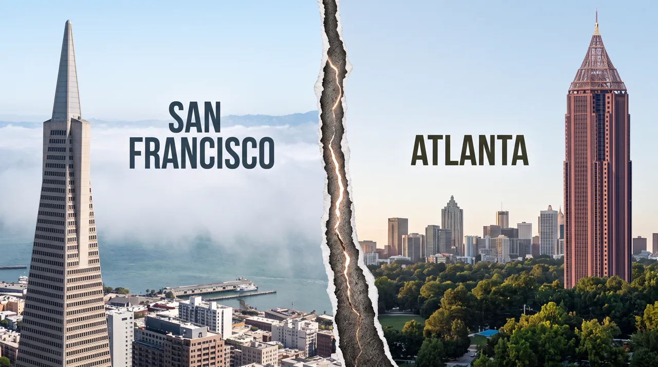 The San Francisco and Atlanta skylines, torn apart down the middle