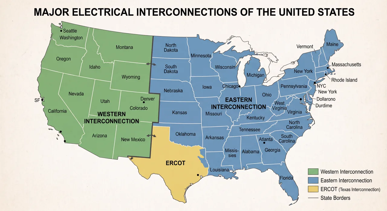 Map of the United States showing the Western Interconnection, the Eastern Interconnection, and ERCOT in Texas as three separate power grids