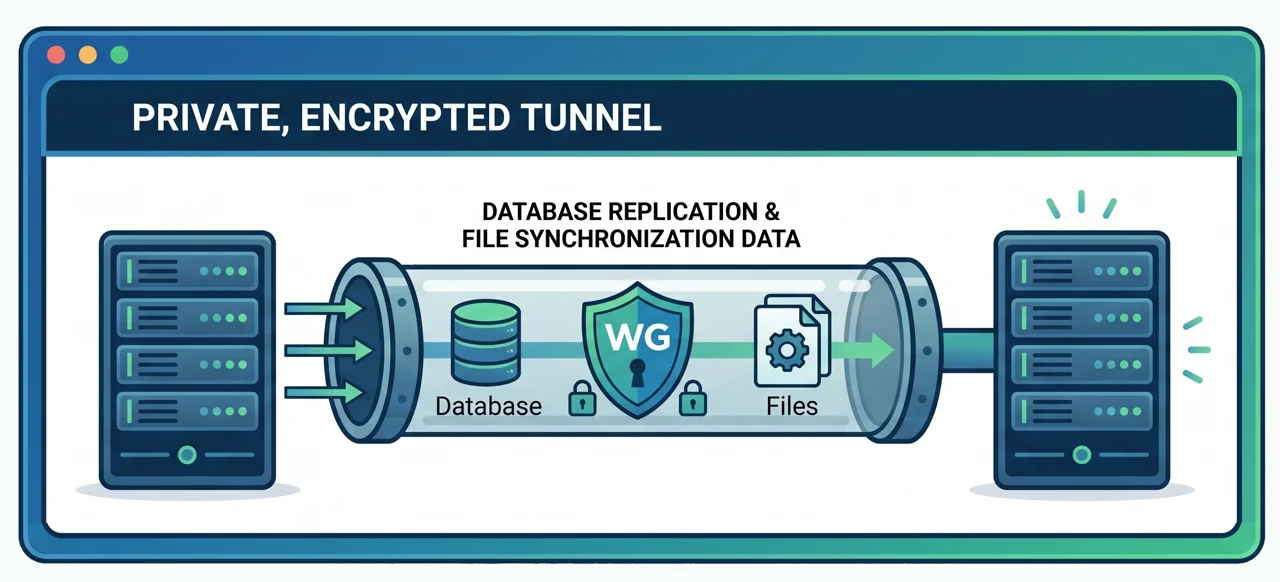 Diagram of two servers joined by a private encrypted tunnel carrying database replication and file synchronization