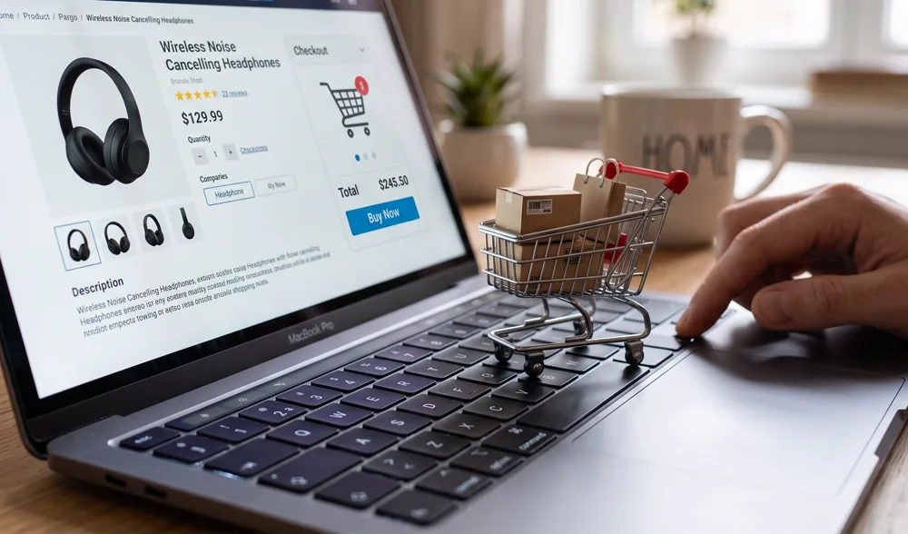 A laptop showing an online store product page and checkout, with a tiny shopping cart on the keyboard